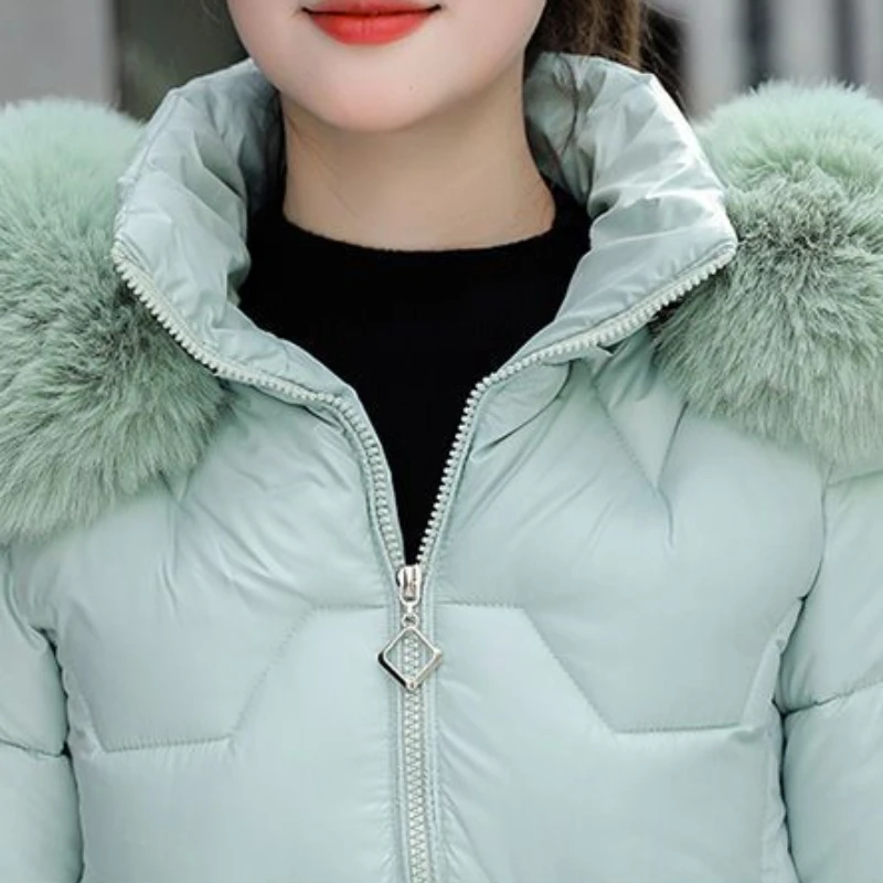 2023 Winter New Hooded Down Jacket Women Bright Surface Wash-Free Cotton-Padded Coat Short Fur Collar Coat