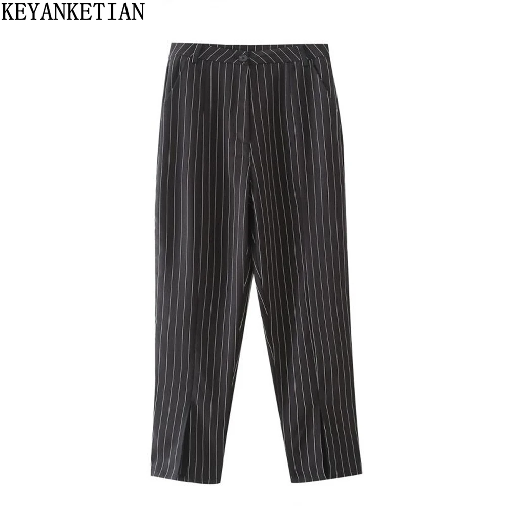 

KEYANKETIAN autumn new women's high-waist striped trousers with slit trousers, women's casual pants