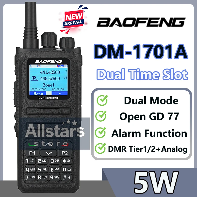 

Baofeng DM-1701A DMR UHF VHF Dual Band Walkie Talkie Dual Time Slot SMS Open GD77 Dual Mode Analog Digital Long Range Ham Radios
