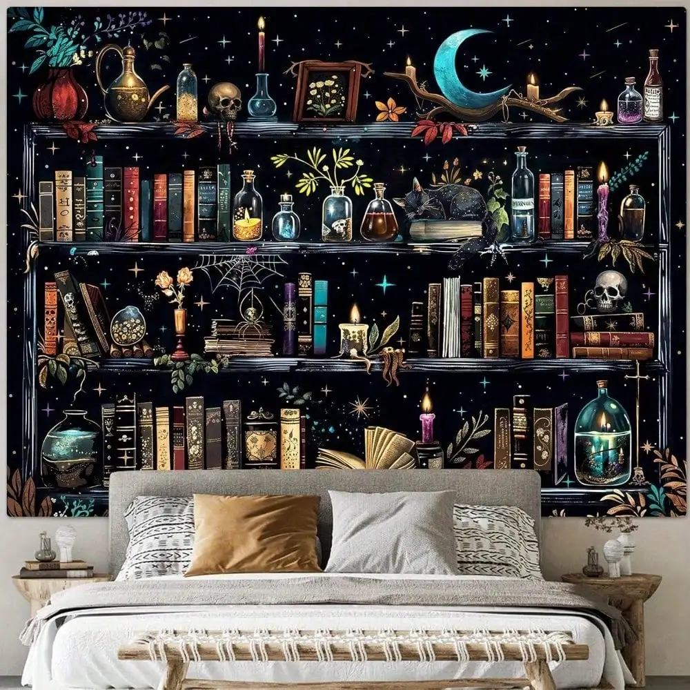 1pc Witchy Bookshelf Tapestry Gothic Library Wall Hanging Celestial Skull Decor Bedroom Dorm Back-to-School Season Autumn Gifts