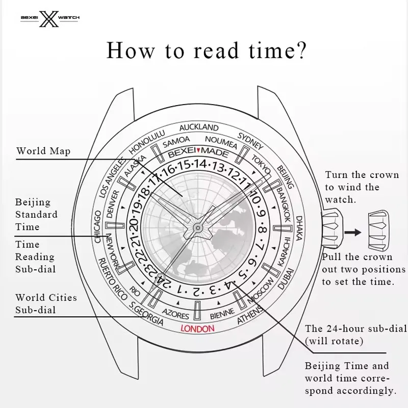 New BEXEI 9185 World Time Watches 42H Power Reserve Mechanical Automatic Movement Man Watch Sapphire Tourbillon  Business Style