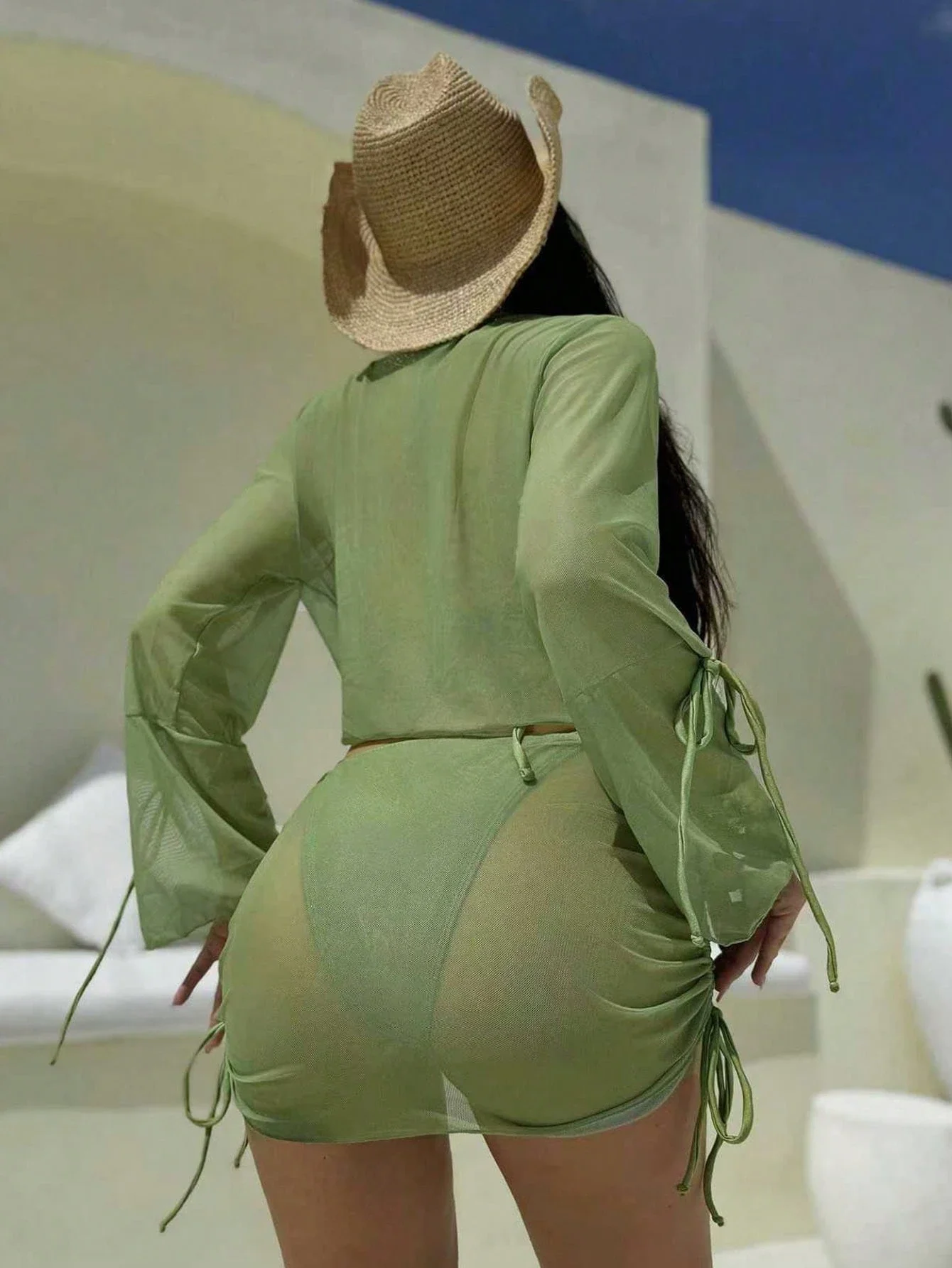 

Light Green Sheer Mesh 4-Piece Bikini Set With Halter Top, Cover Up & Mini Skirt For Beach Vacation