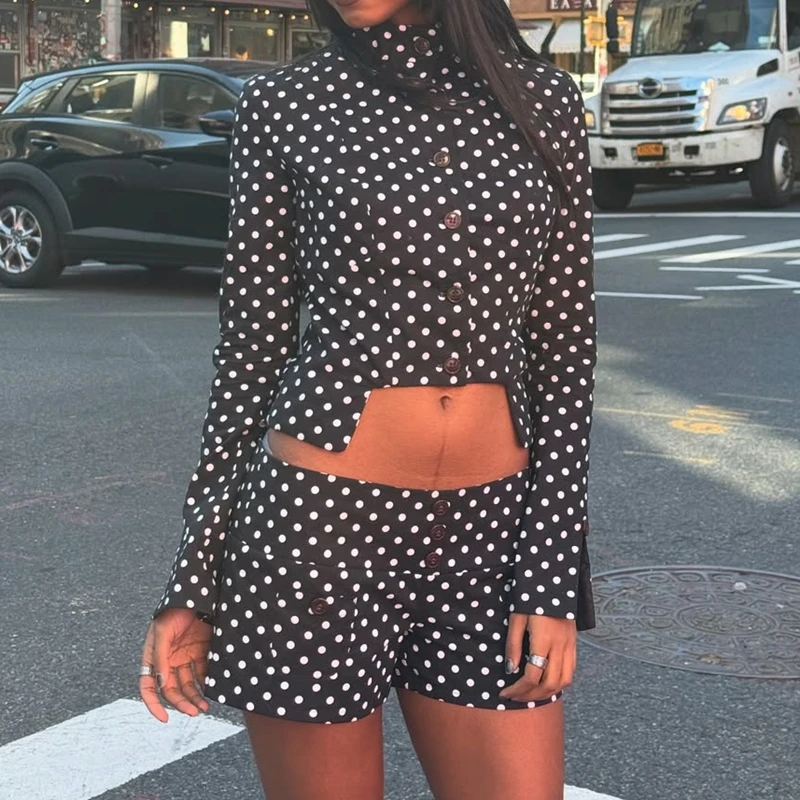 Combhasaki المرأة الصيف Y2k خمر منقطة طباعة السراويل أزرار منخفضة الخصر سليم صالح قيعان أنيقة مع جيوب الشارع الشهير