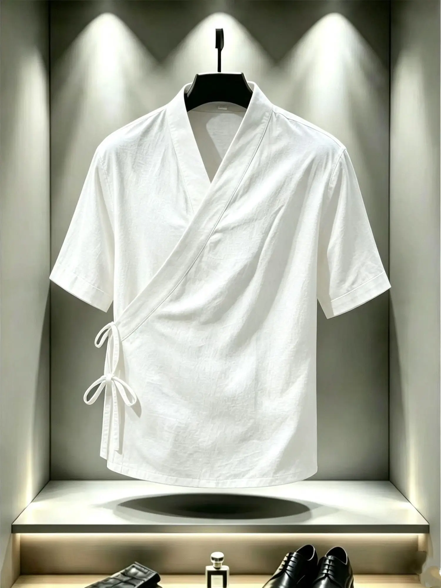 Men's Summer Thin Short Sleeve Shirt Rope Tied Breathable Lightweight Pure Color  Style Japanese Retro Top