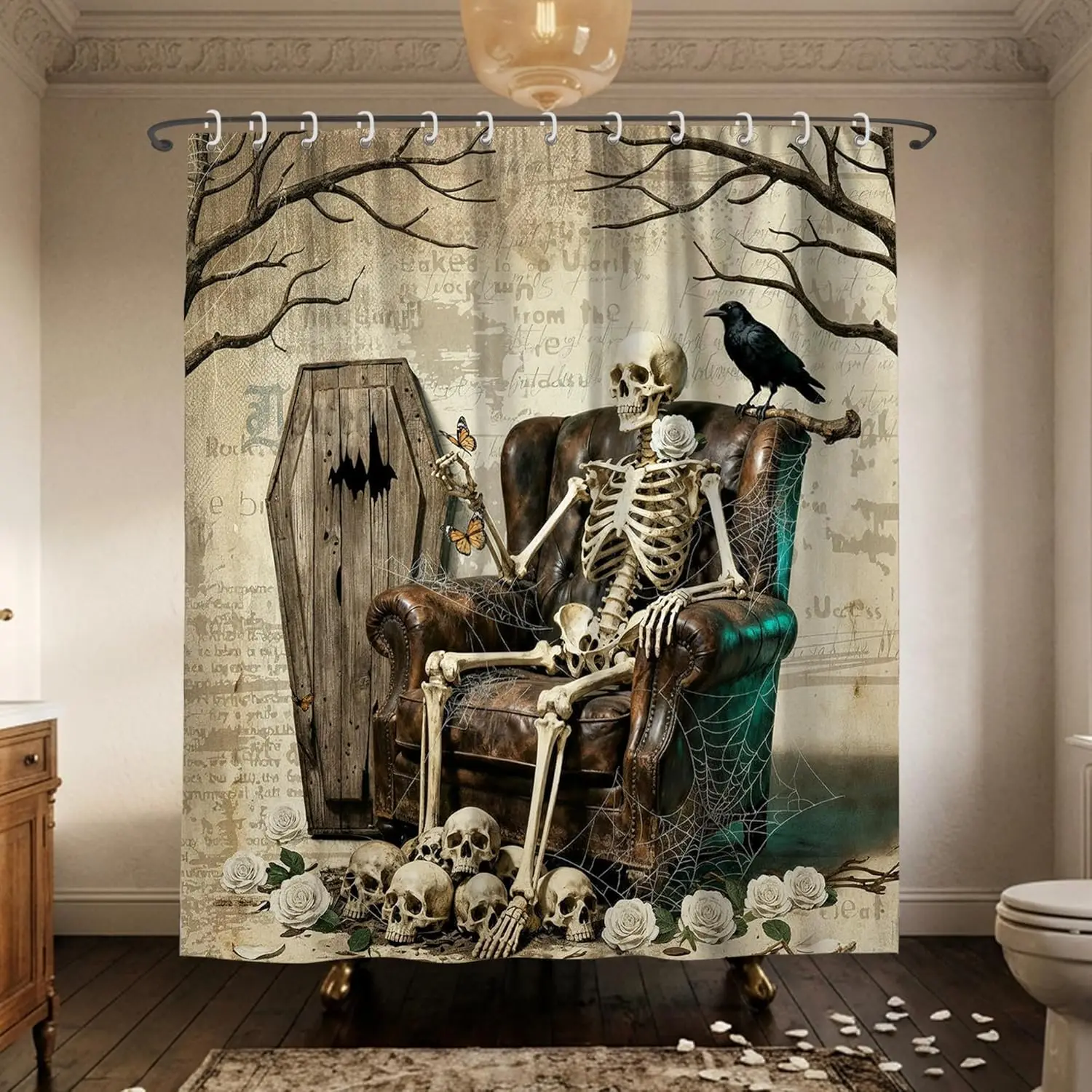 Gothic Skeleton Crow Coffin Shower Curtain Halloween Spider Web White Rose Waterproof Polyester Bath Decor Curtain With Hooks