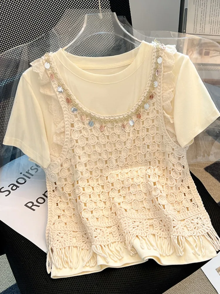 

N Tassel ell Полый вязаный жилет-накидка Женский ор Све Комплект из двух предметов Корейский свободный крой круглый Ne Хлопок ...