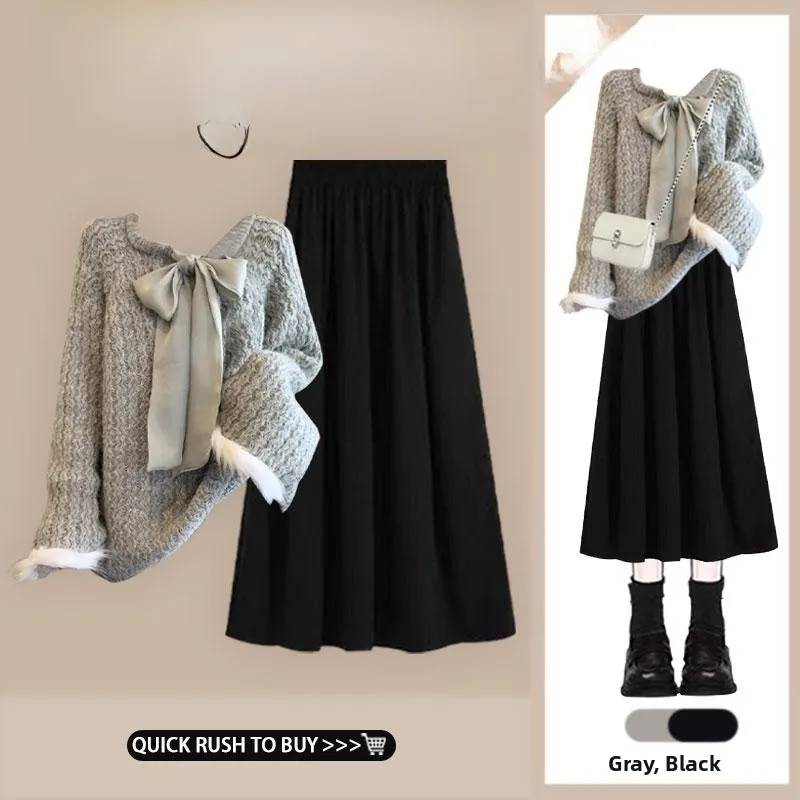 

Корейский вязаный свитер с бантом и высокой талией, свободный, мягкий, уютный, женский, осенне-зимний комплект с юбкой и топом с длинными рукавами