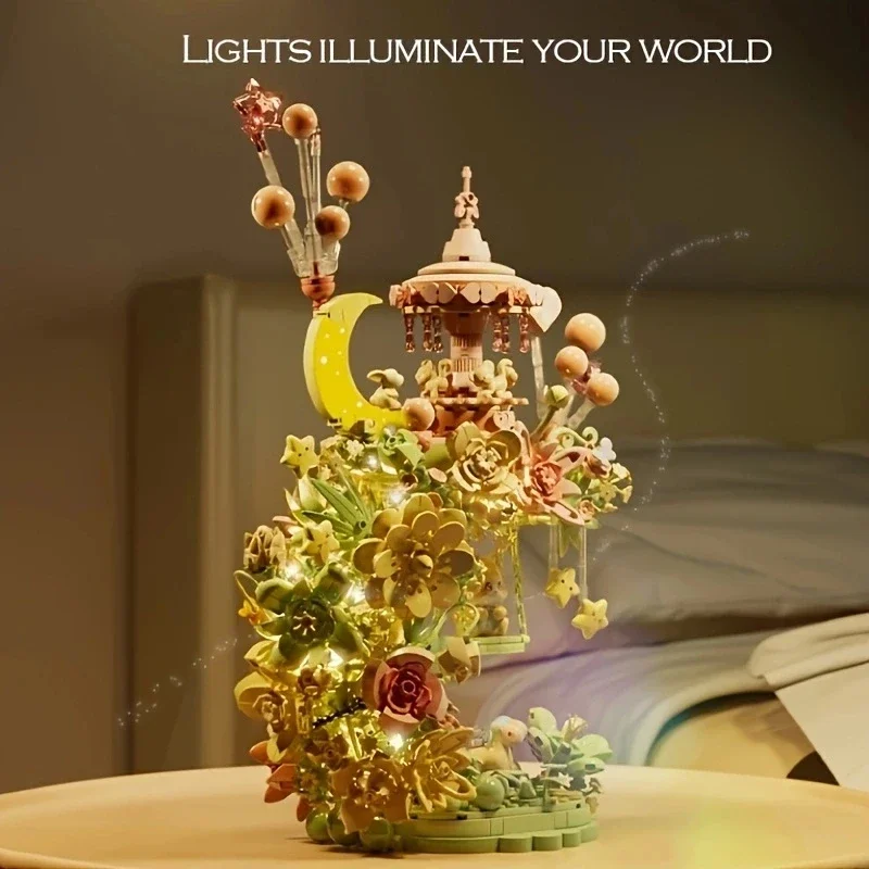 كاروسيل إبداعي لتزيين المنزل ، مكعبات بناء زهور لطيفة ، هدايا للبنات ، أرجوحة