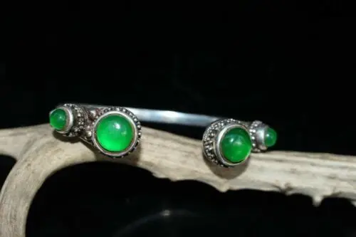 Chinese Handwork Tibet Silver & Green Jadeite Jade 4 Beads Old Vintage Bracelet