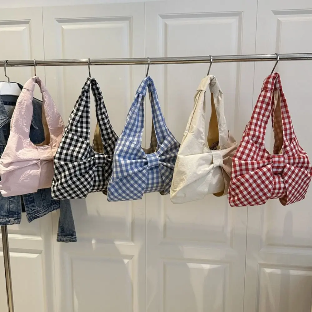 

Vintage Korean Style Bow Shoulder Bag Large Capacity Fashion Plaid Tote Bag Cute Portable Handbag Storage Bag