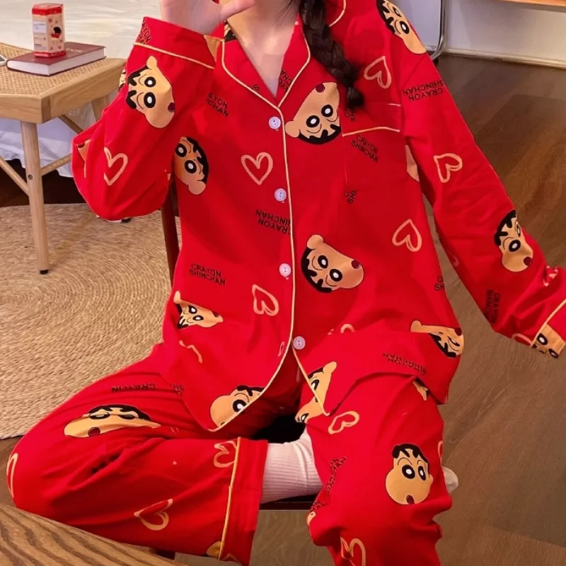 Crayon Shin-Chan Cartoon Pajamas Comfortable Long Sleeved Pants Kawaii Leisure Wear Soft Skin Friendly Holiday Gift for Couples