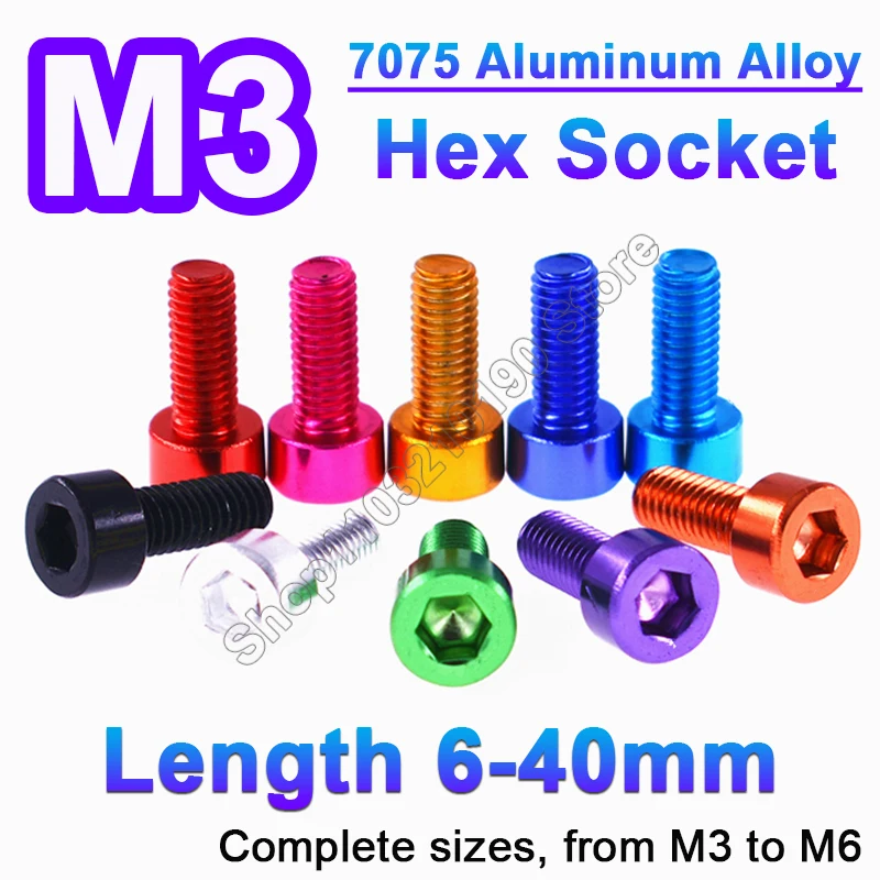 

1-5pcs DIN912 M3 7075 Anodizing Colourful Aluminum Hexagon Hex Socket Head Cap Allen Bolt Screw Machine Screw Length 6 8 10-40mm