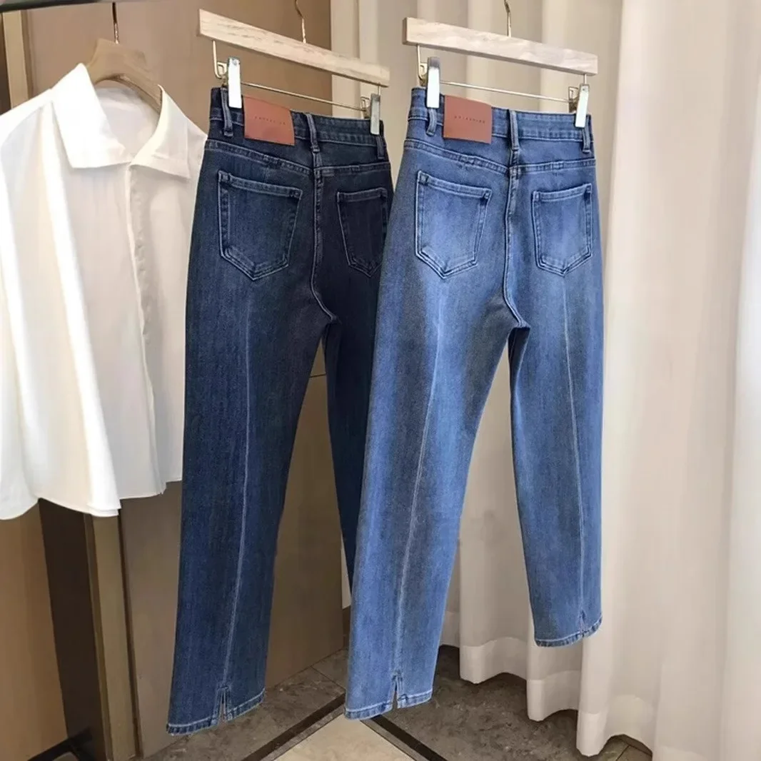 Pantalones vaqueros de pierna recta pequeños adelgazantes de cintura alta para mujer primavera Otoño/Invierno 2024 nuevo estilo pantalones rectos azules holgados