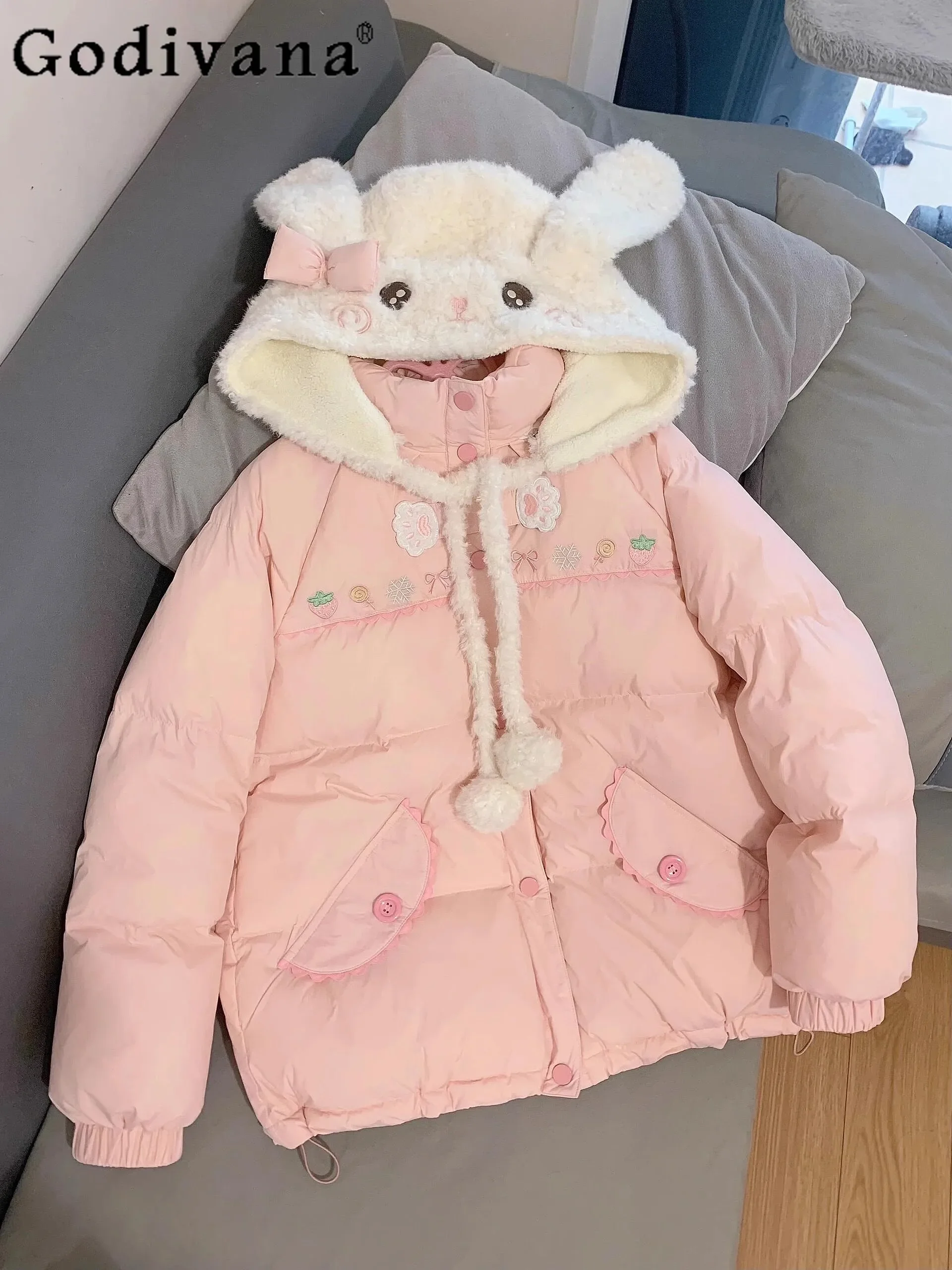 Women's Kawaii Parkas Cute Sweet Cartoon Print Removable Hat Cotton Padded Coats Students Warm Thickened Loose Winter Jacket