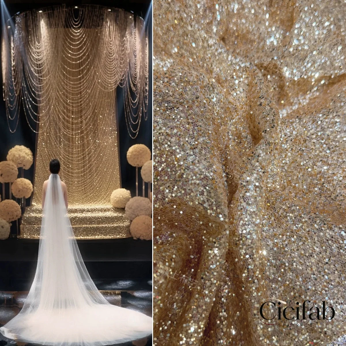 Gold Glitter Fabric Sparkling Sheer Cloth for DIY Wedding Backdrop Hanging Drapes and Party Event Decorations