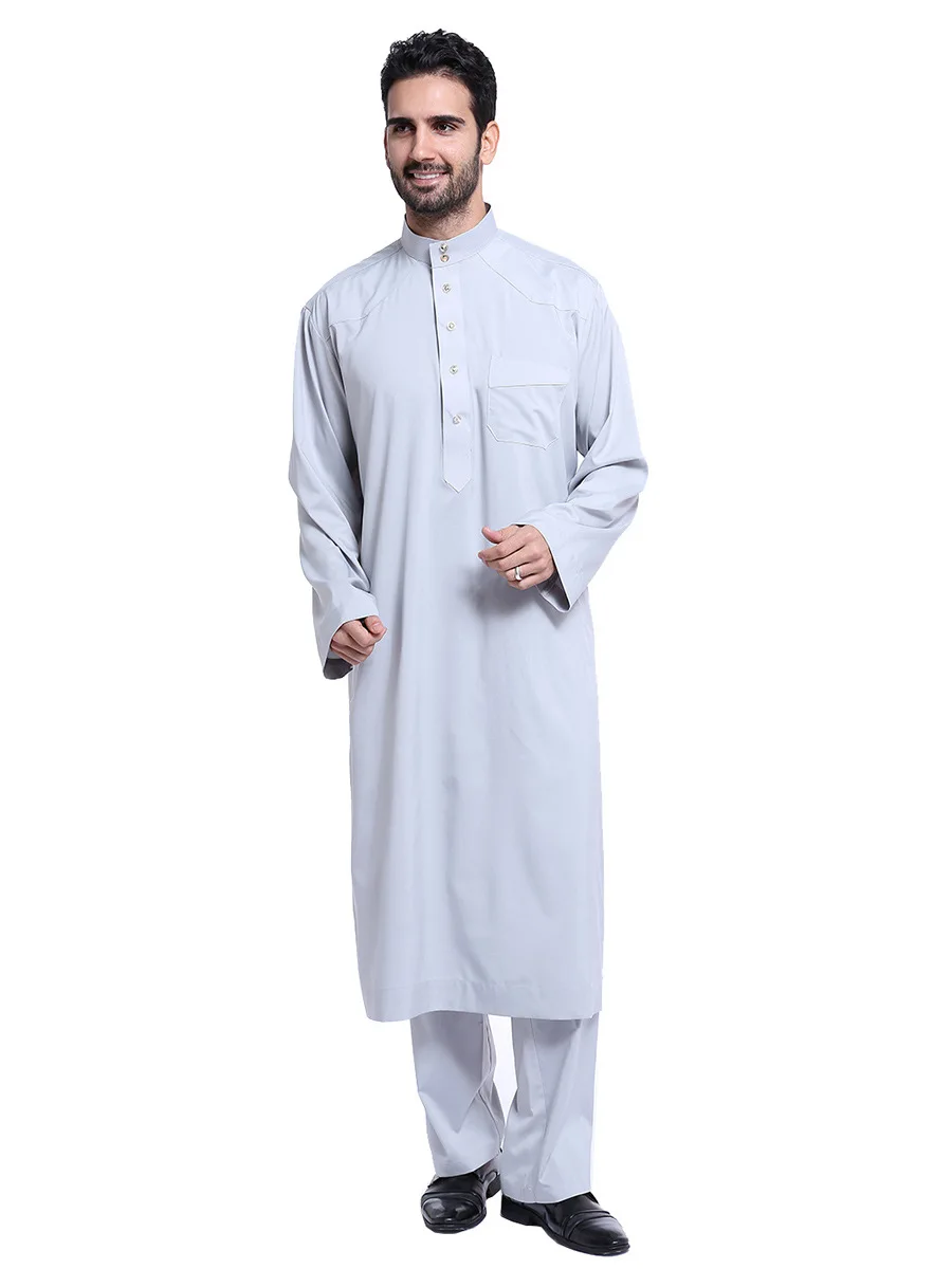 Muslim pria Jubba Thobe lengan panjang warna Solid jubah berongga kerah berdiri Islam Arab Kaftan pria Abaya