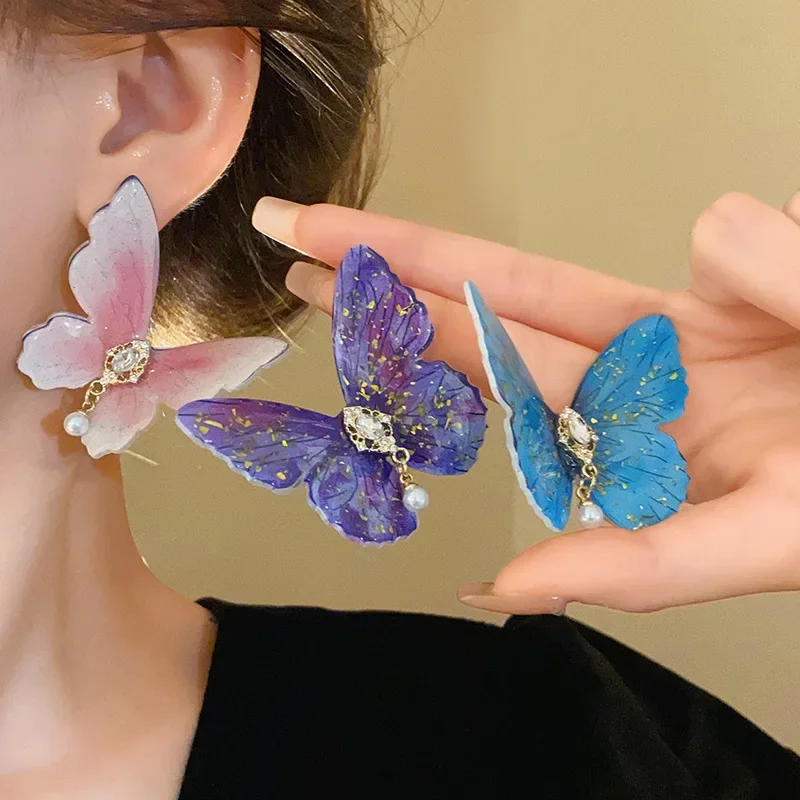 Draweye Acrylic Butterfly Stud Earrings for Women Rhinestones Korean Fashion Elegant Jewelry Seeet Mori Girls Aretes De Mujer