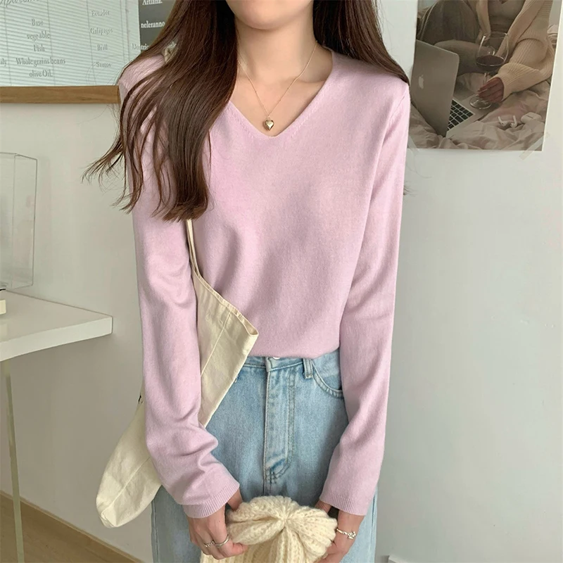 

Basic Loose Fit V-Neck Knitted Sweater for Women Autumn Winter Casual Warm Pullovers Elegant Office Lady Bottoming Shirts Woman