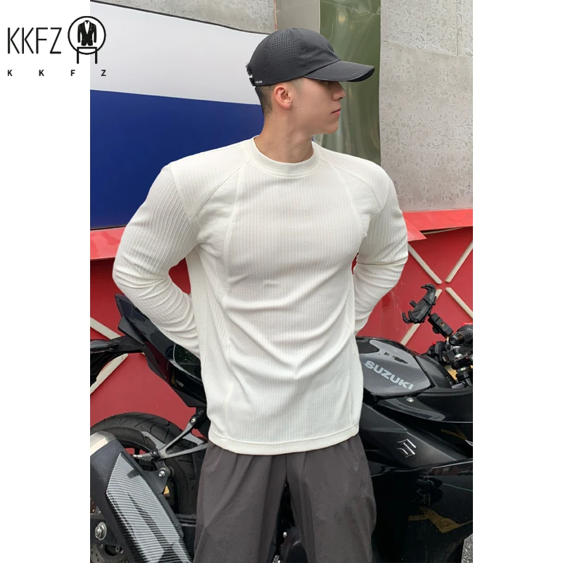 Mens Loose Fit Round Neck Ribbed Long Sleeve Top Raglan Cut Minimalist Design For Office Commute Casual Daily Wearing
