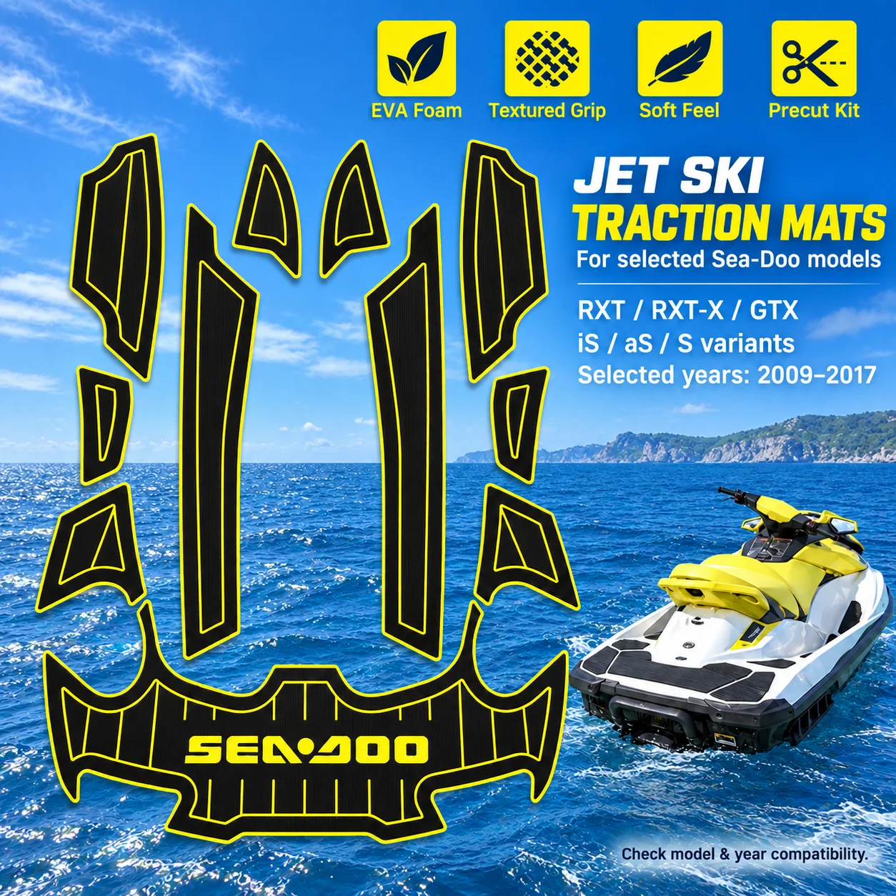 EVA Traction Mat for SeaDoo RXT iS aS 255 260 2009-2016 Jet Ski Non-Slip Self-Adhesive Marine Foam Deck Pad