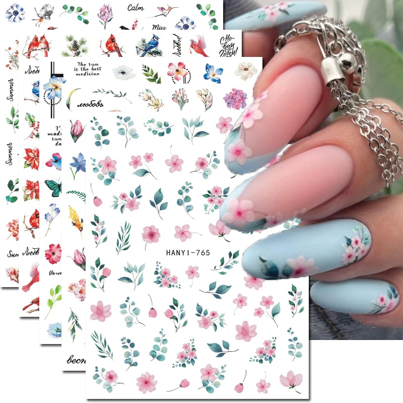 

3d Nail Art Stickers Pink Blossom Flowers Blue Leaves Birds Butterflys Adhesive Sliders Nails Decals Decorations For Manicures