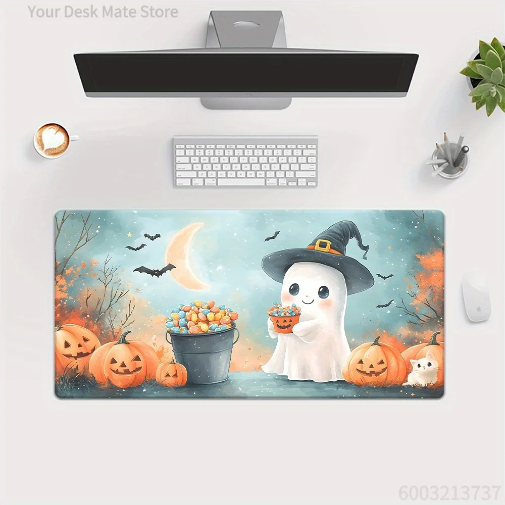Halloween Themed Cute Mouse Pad Witch Ghosts Glowing Pumpkins Candy Art Extended Desk Mat for PC Laptop Gaming Office