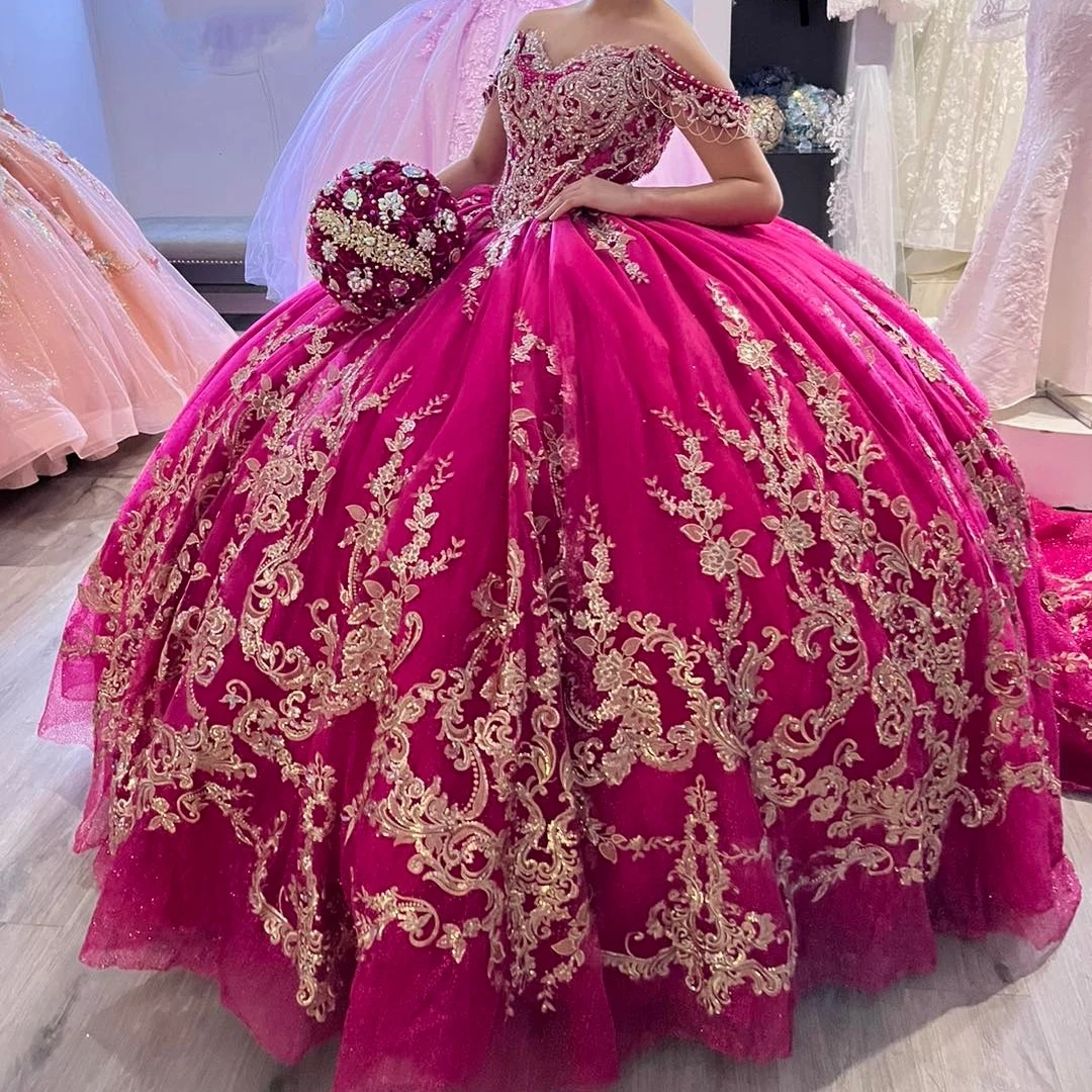 Glitter Tulle Quinceanera Dress Magenta Lace Applique Quince Ballgown Corset Sweet 15/16 Birthday Party Gown Vestidos De 15 Ano