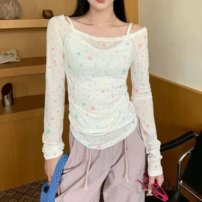 

Hot Girl One Shoulder Long Sleeve Hoodie Summer Thin Sunscreen Design T-shirt Top