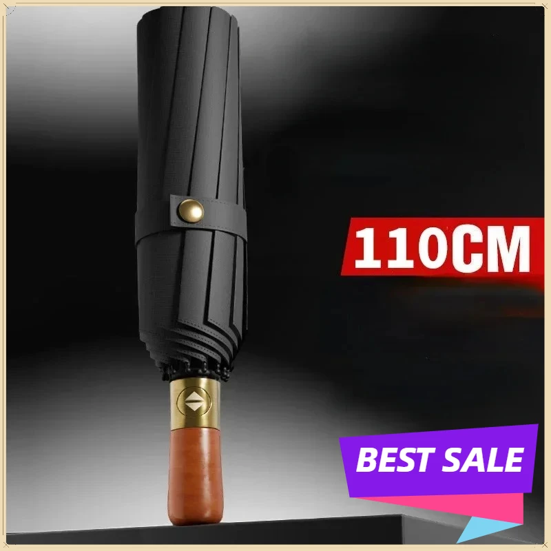 2026 New 12 Bone Fully Automatic Fashion Men's Large Folding Black High End Business Wooden Handle Umbrella