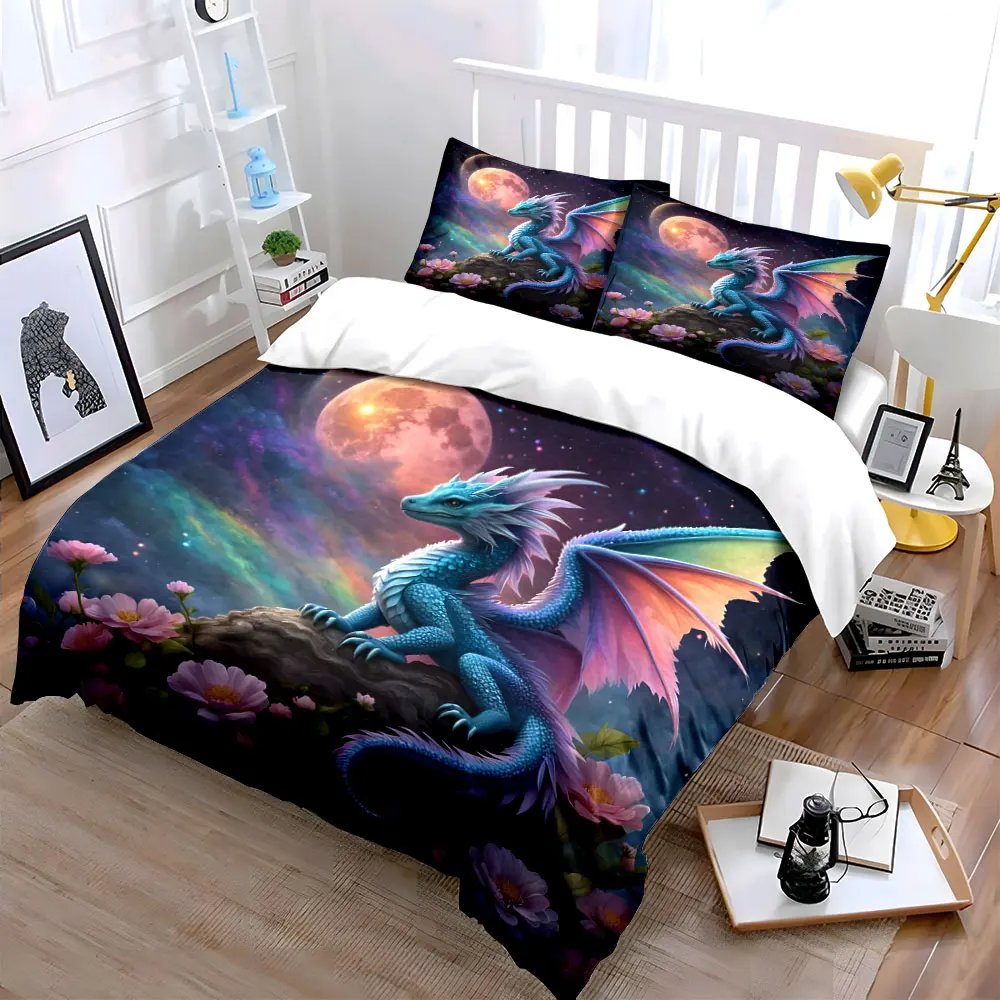 Blue dragon under moonlight Print Bedding Set 1 Duvet Cover 2 Pillowcases for Adult and Children Luxury Gift Full Size