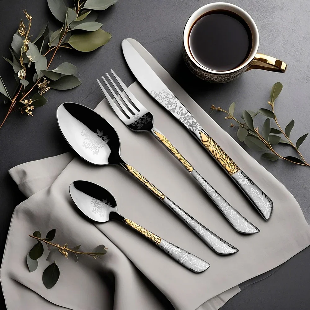 24pcs Flatware Set Stainless Steel Dinnerware Tableware Gold-plated Laser Pattern Knife Fork Spoon Cutlery Dishwasher Safe Gift
