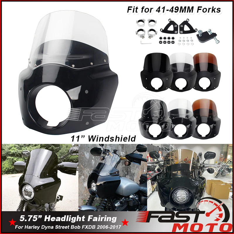 

Front Headlight Fairing Windshield W/ Mounting Hardware Bracket Headlight Extension Blocks For Harley Dyna Street Bob FXDB 06-17