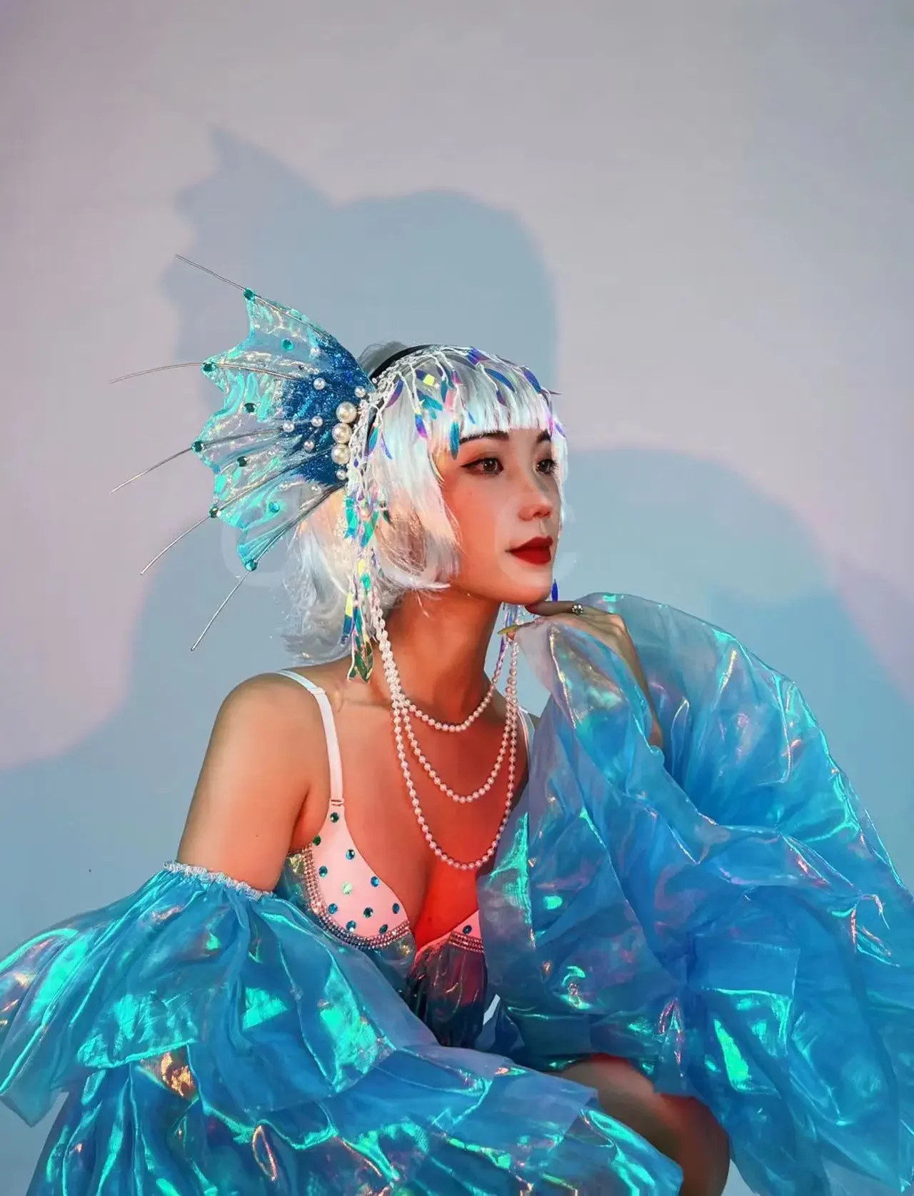 Female Dance Team Party Show Performance Mermaid Role Playing Costume Bar Big Sleeve Sequins Tassel Rhinestones Bikini Outfits