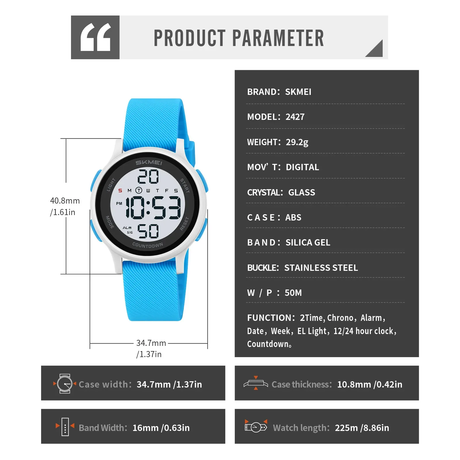 ساعات المعصم الموقت الالكترونيات طالب SKMEI 2427 الرجال عارضة الساعات الشابات #4