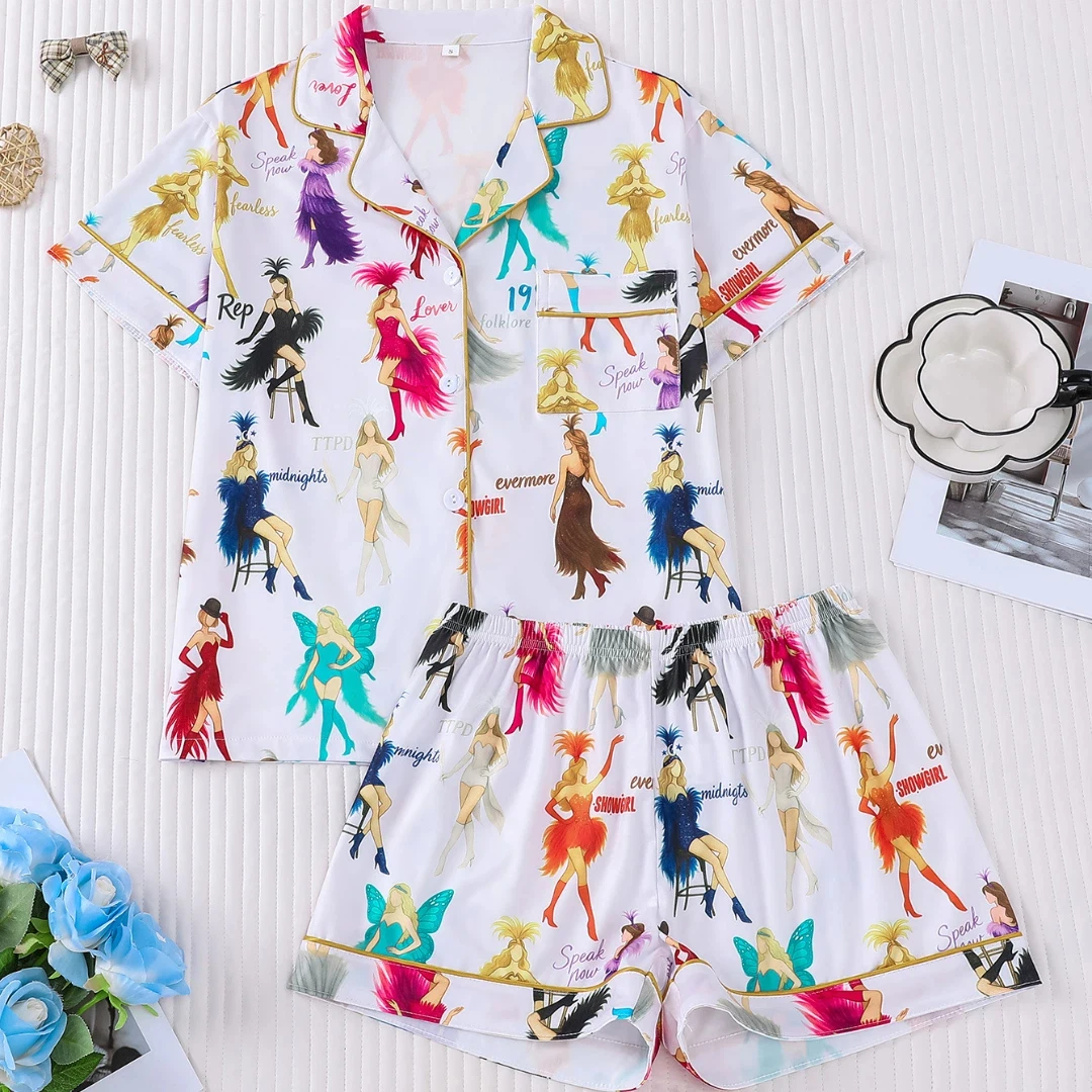 

Women Pajama Set Character Themed with Girl Print Lapel Shorts-sleeved and Shorts Pants Home Wear Gifts
