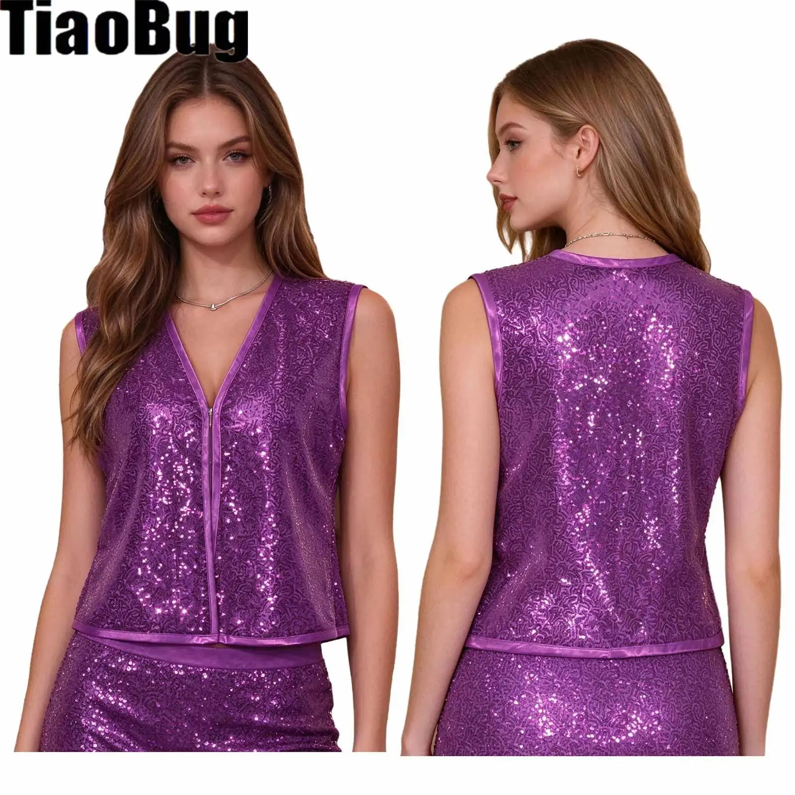Women Sparkly Sequin Vest Tops V-neck Sleeveless Top for Stage Performance Dance Party Club Concert Music Festival