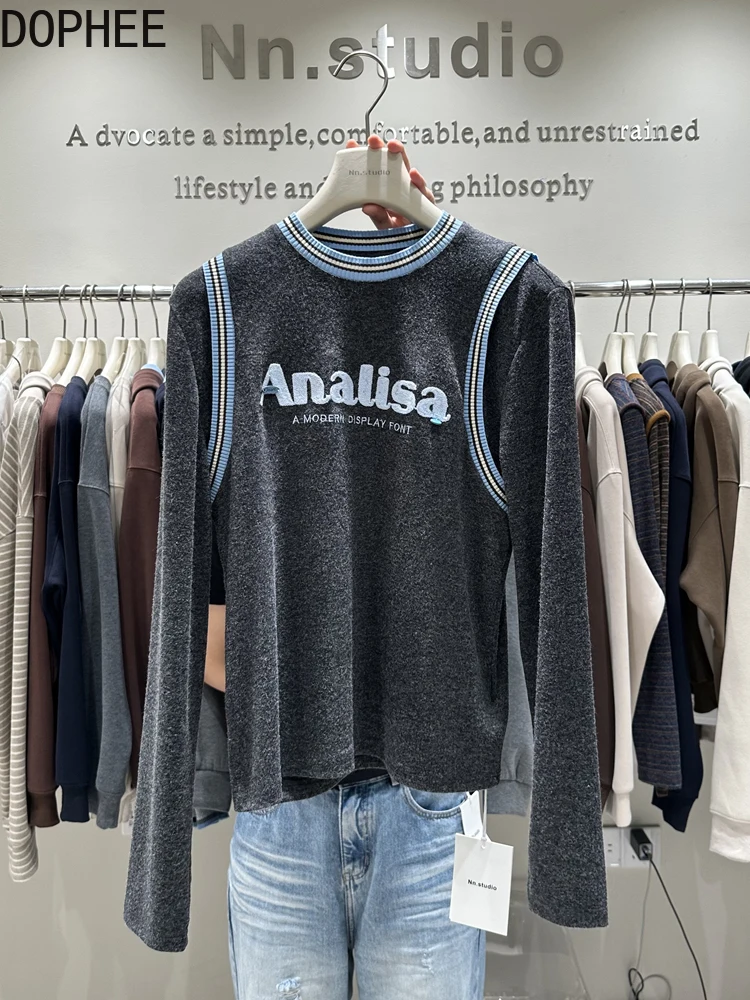 

Футболка с длинными рукавами и шлифовальными блоками, осень-зима 2024, базовые футболки для похудения, женские пуловеры с круглым вырезом и вышивкой букв