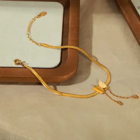 New Minimalist Butterfly Tassel Anklet For Women Fashion Titanium Steel 18K Gold Color Foot Jewelry Light Luxury Daily Wear