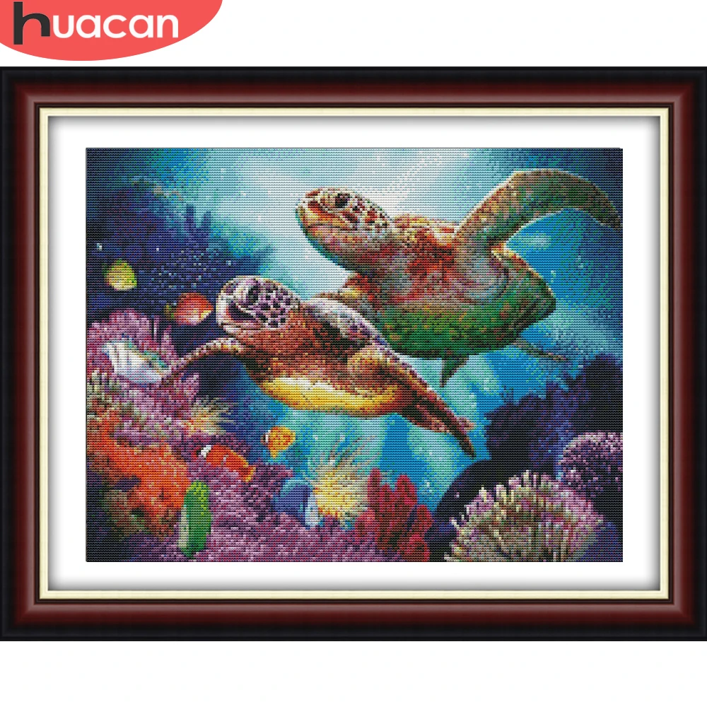 

HUACAN морские черепахи Животные вышивка наборы ремесло рукоделие хлопок нить Печать холст вышивка крестом DIY подарок украшение дома 11CT