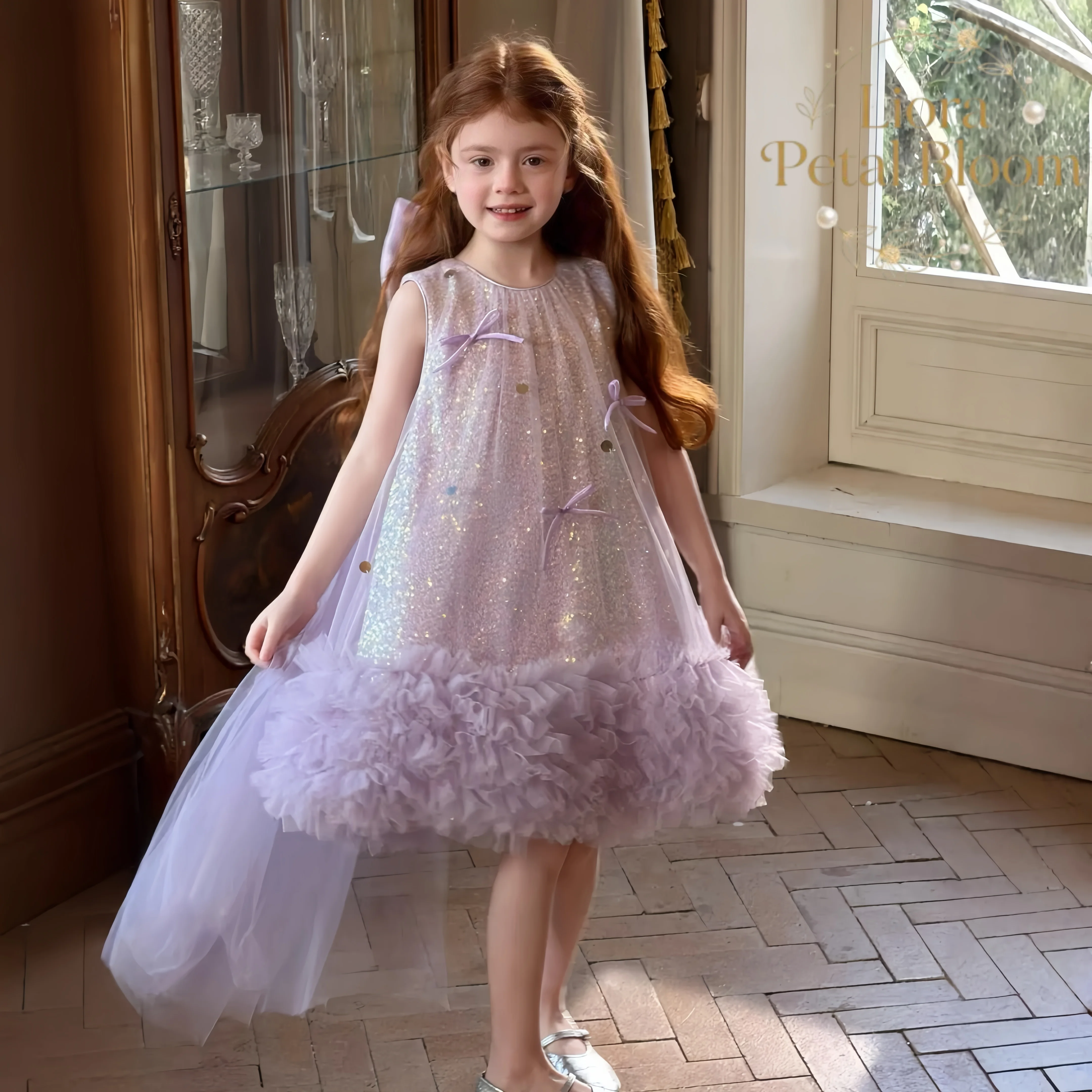 

Girls' Colorful Sequin Dress Girls' Elegant Bow Dress Short Party Dress Flower Girl Dress Everyday Dress