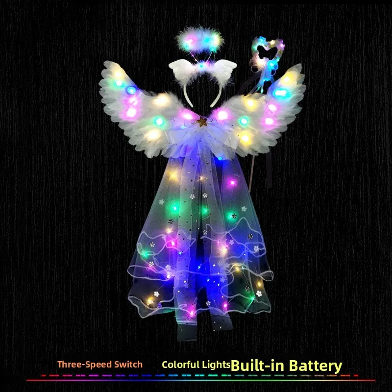 Asas de véu de penas luminosas com luz adulto e criança anjo desempenho adereços loween reunião anual roupa ba decoração