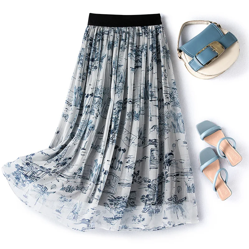 

Women's High-Waist Long Skirt, 100% Mulberry Silk, Printing Umbrella Skirt, A-line, Elastic, Elegant, Fashion, Summer