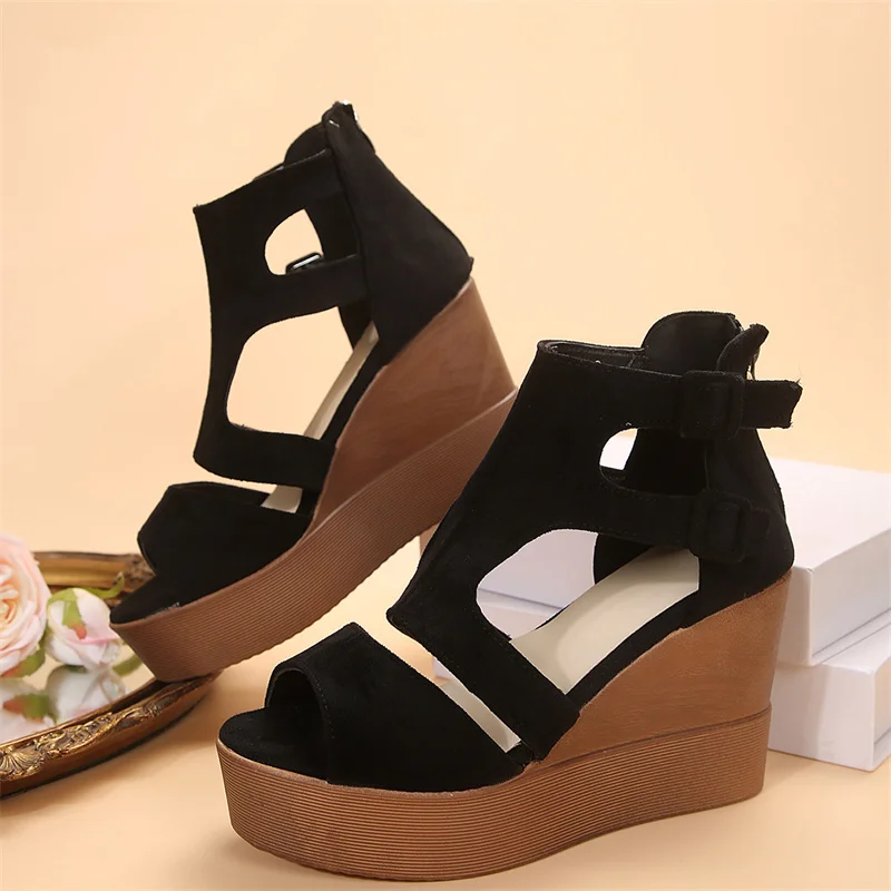 Summer Ankle Strap Women Sandals Platform Wedges High Heel Flock Peep Toe Fashion Female Ladies Shoes Zapatos De Mujer