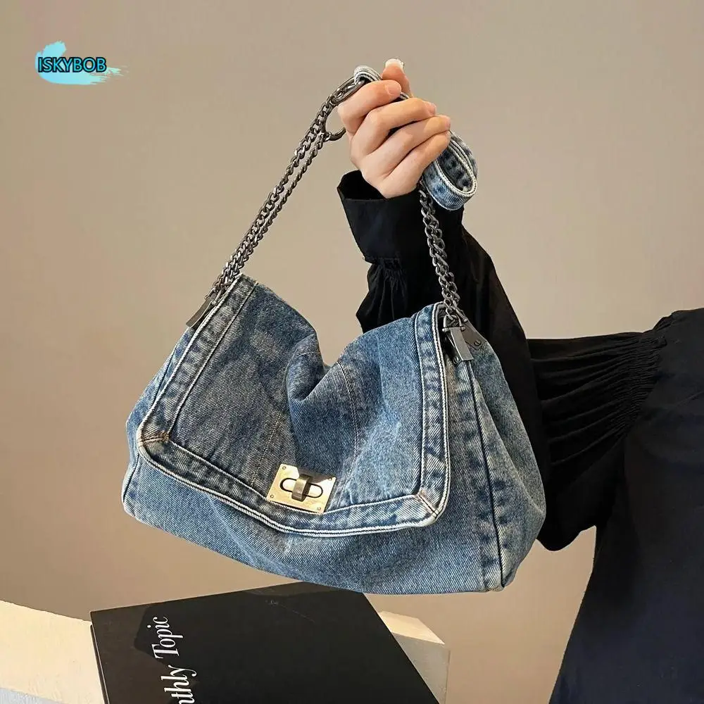 

Shoulder Bag Denim Canvas Bag Street Style Metal Chain Vintage Handbag Solid Color Large Capacity Solid Crossbody Bag Streetwear