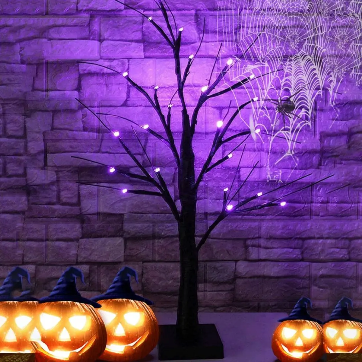 1pc 24 LED arancione e viola illuminato Halloween betulla artificiale luce fai da te rami neri luci da tavolo Halloween spettrale