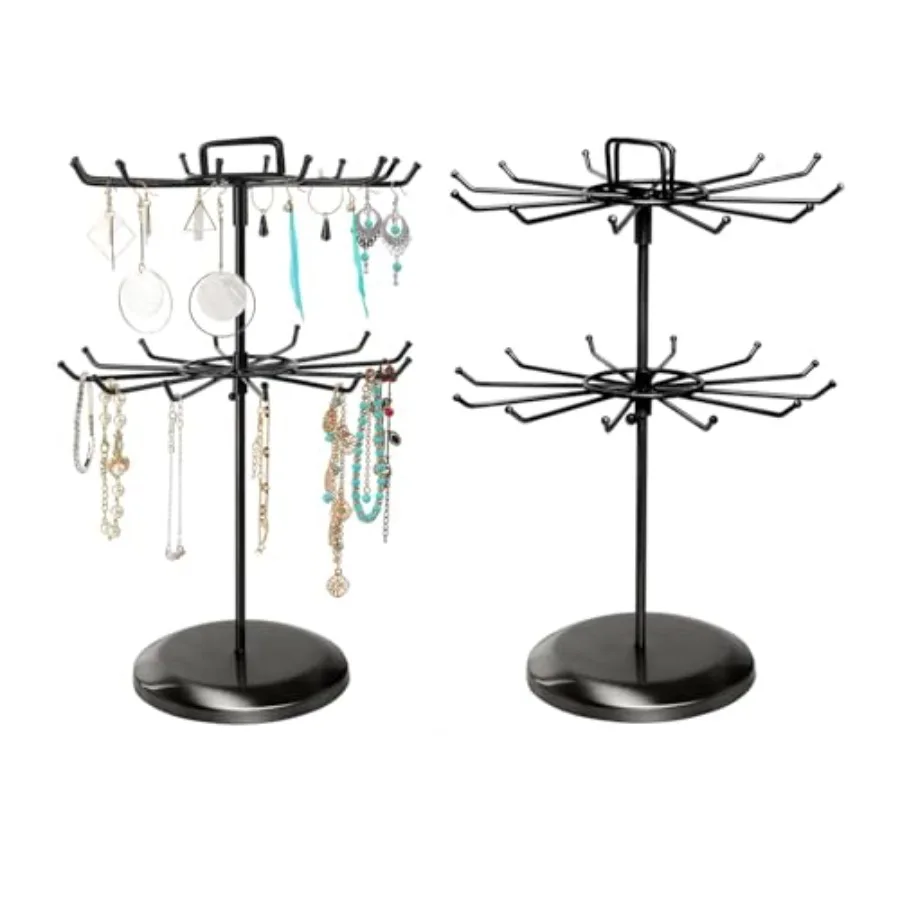 2 Tier Roating Jewelry Organizer Holder Black Morden Necklace and Brcelet Earrings Ring Holder Keychain Display with 24 Hooks I