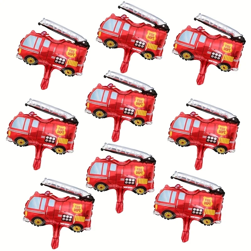 10Pcs Mini Fire Truck Foil Balloons Firefighter Theme Fire Engine Balloons for Fireman Birthday Party Decoration