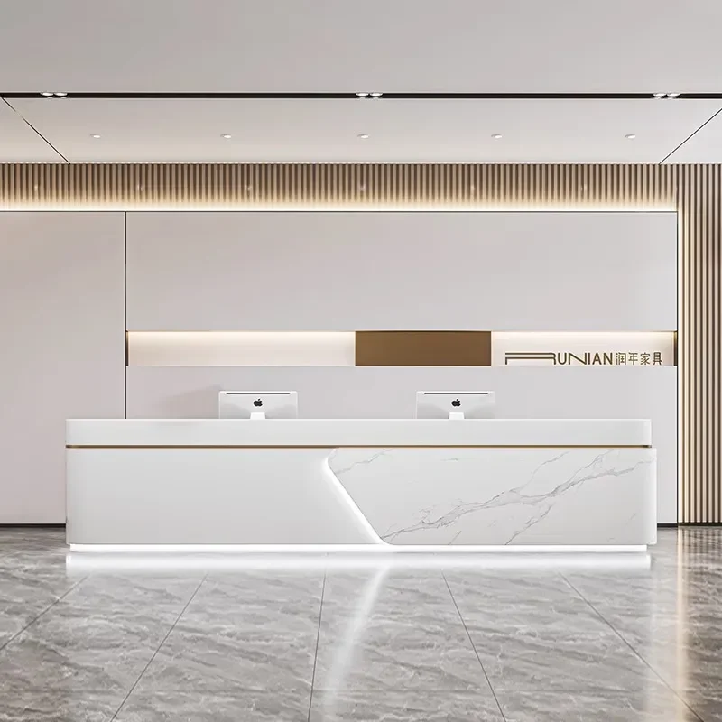 for Company Front Desk Reception Desk Hotel Property Service Desk Stainless Steel Paint Checkout Counter Rock Slab Marble Bar