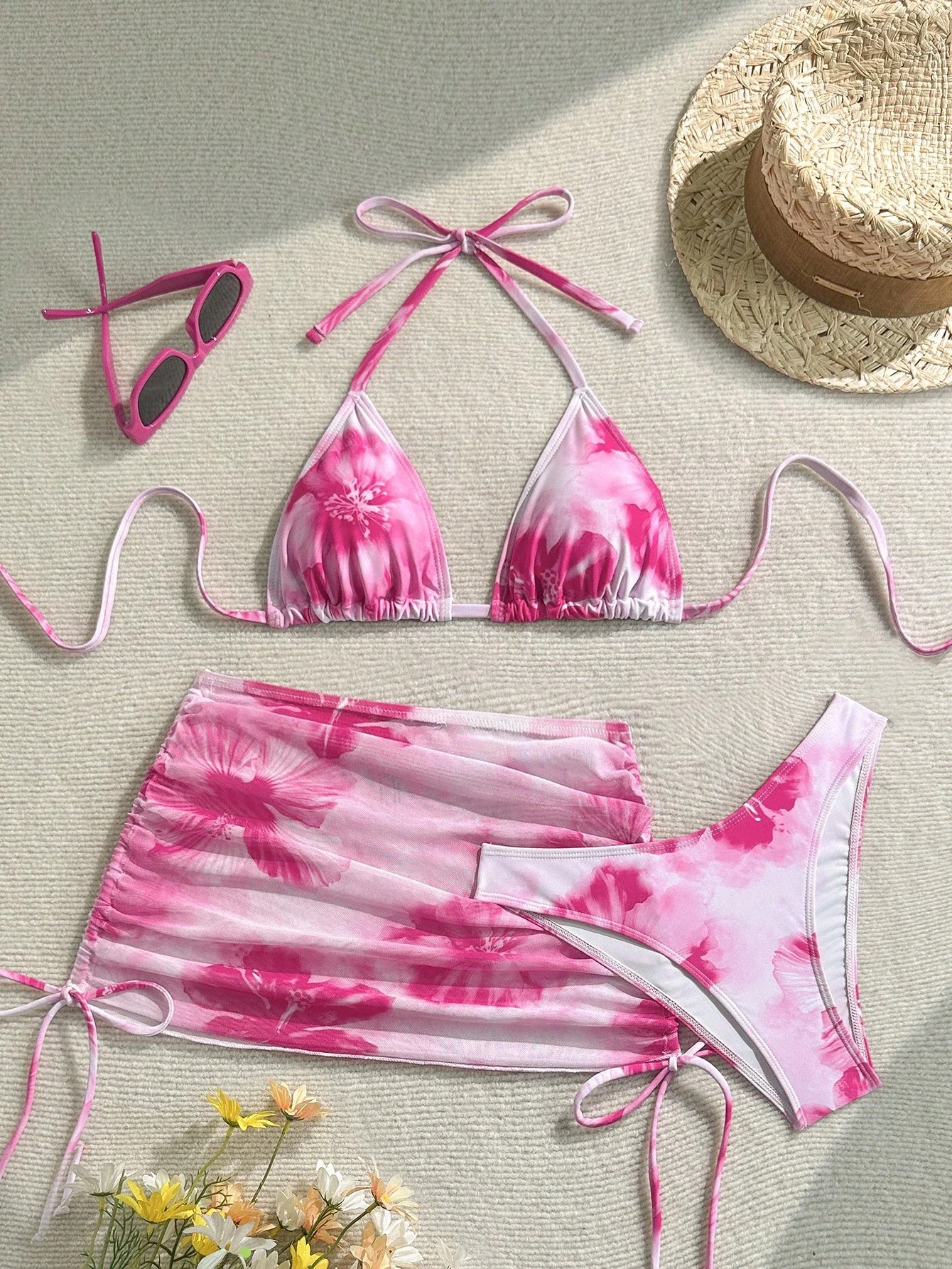 

Pink Floral Tie-Dye Halter Bikini With Side-Tie Skirt Cover-Up, Three-Piece Beach Set For Women