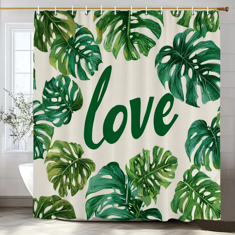 

Tropical Green Plant Bathroom Shower Curtains Black Background Gold Palm Leaf Pattern Bath Curtain Waterproof Bathtub Home Decor